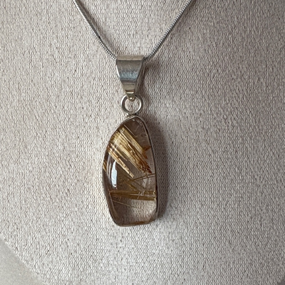 Elegant Silver and Gold Pendant Necklace. Rutilated quartz  genuine stone.